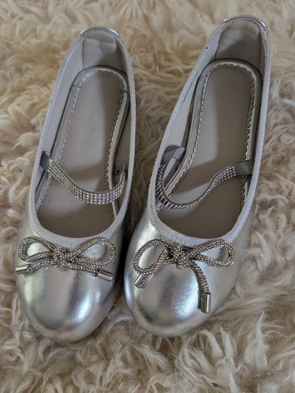Girls Silver Sparkle Bow Mary Jane Flats